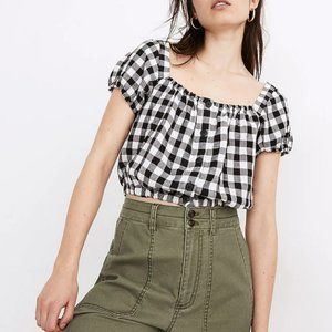 Madewell Linen-Blend Puff-Sleeve Button-Front Crop Top in Gingham Check